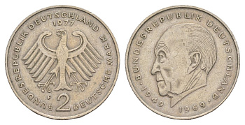 ФРГ 2 марки 1977 F, Конрад Аденауэр, 20 лет Федеративной Республике (1949-1969) KM 124 медно-никель 4628-1021