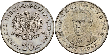 Польша 20 злотых 1974 MW, Марцелий Новотко KM 69, Parchimowicz 246 медно-никель 4157-1024