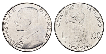 Ватикан 100 лир 1980 MCMLXXX KM 146 нержавеющая сталь UNC 54-2135