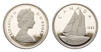 Канада 10 центов 1983 Елизавета II (1952-2022), парусник KM 77 никель PROOF 413-3711