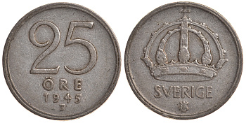 Швеция 25 эре 1945 TS, Густав V (1907-1950) KM 816 серебро 4179-857