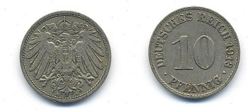 ГЕРМАНИЯ 10 ПФЕННИГОВ 1913 A KM 12, J. 13 медно-никель 58-423