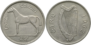 ИРЛАНДИЯ 1/2 КРОНЫ - 2 ШИЛЛИНГА 6 ПЕНСОВ 1962 ЛОШАДЬ KM 16а медно-никель 3457-246