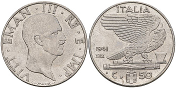 ИТАЛИЯ 50 ЧЕНТЕЗИМО 1941 R, ГОД XIX, ВИКТОР ЭММАНУИЛ III (1900-1946) KM 76b, VEM3. 1063 нержавеющая сталь 3853-344