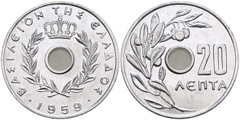 Греция 20 лепта 1959 Павел I (1947-1964), оливковая ветвь KM 79 алюминий UNC 28-757