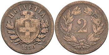 Швейцария 2 раппена 1850 А KM 4 бронза 4585-114