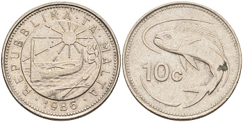 Мальта 10 центов 1986 золотая макрель KM 76 медно-никель 4588-151