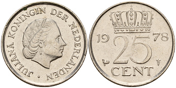 Нидерланды 25 центов 1978 Юлиана (1949-1980) KM 183 никель    4598-128