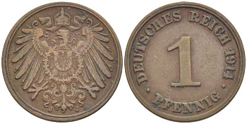 ГЕРМАНИЯ 1 ПФЕННИГ 1914 J KM 10, J. 10, Weege 2 медь 211-468