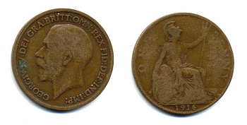 Великобритания 1 пенни 1916 Георг V (1910-1936) КМ 810, Spink 4051 бронза 47-125