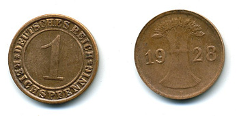 ГЕРМАНИЯ 1 РЕЙХСПФЕННИГ 1928 F KM 37, J.313 бронза 54-242