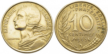 ФРАНЦИЯ 10 САНТИМОВ 1963 ТИП MARIANE KM 929, LE FRANC 144.3 алюминиевая бронза 105-1223
