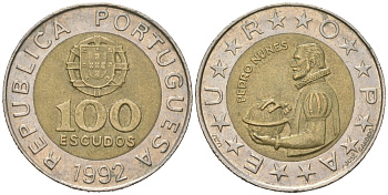 Португалия 100 эскудо 1992 Педру Нуниш (1502-1578), математик KM 645.1 биметалл 4529-822