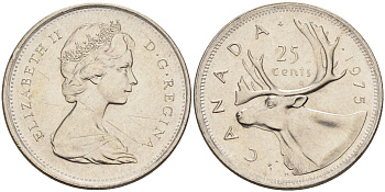 Канада 25 центов 1975 Елизавета II (1952-2022), олень KM 62b никель    4150-447