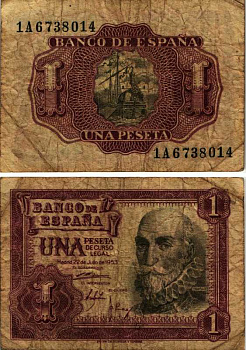 Испания 1 песета 1953 22 июля 1953, Мигель де Санта Круз Pick 144а бумага 7548-123-2-1