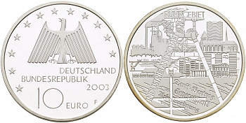 ФРГ 10 евро 2003 F, Рурский бассейн, промышленная зона KM 224, DE.S. 10.10 серебро PROOF 1082-9-55