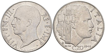 ИТАЛИЯ 20 ЧЕНТЕЗИМО 1941 R, ГОД XIX, ВИКТОР ЭММАНУИЛ III (1900-1946) KM 75b, VEM3. 1028 нержавеющая сталь 3853-1117