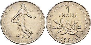 Франция 1 франк 1961 сеятель KM 925.1 никель    4177-232