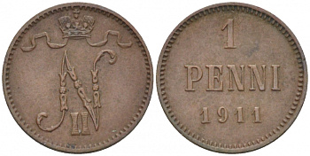 Россия для Финляндии 1 пенни 1911 Николай II (1894-1917) KM 13, Биткин 471 медь 4396-1352