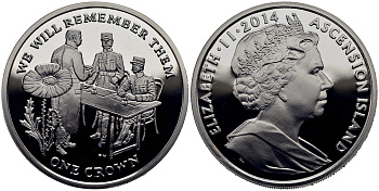 Остров Вознесения 1 крона 2014 в память героев первой мировой войны, допрос KM NEW серебро PROOF 1071-3-41