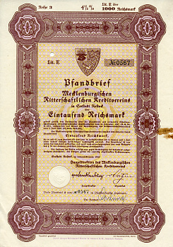 Германия 1000 рейхсмарок 1940 Мекленбургский рыцарский кредитный клуб, 4 1/2%   бумага  8804-89-1