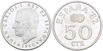 Испания 50 сентимо 1980 (80) чемпионат мира по футболу в Испании 1982 года, Хуан Карлос ( 1975-) KM 815 алюминий UNC 216-412