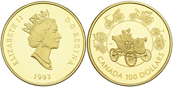 Канада 100 долларов 1993 эволюция старинных автомобилей KM 245 золото PROOF 00-808-22