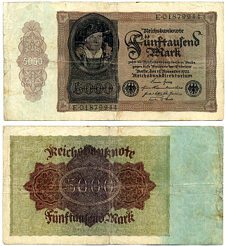 ГЕРМАНИЯ 5000 МАРОК 1922 19 НОЯБРЯ 1922, ВЫПУСК (ЯНВАРЬ 1923-5 ИЮЛЯ 1925), СЕРИЯ Е 01879944 Pick 78, Роземберг 77 бумага 7523-28-2-2