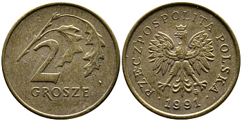 ПОЛЬША 2 ГРОША 1991 MW KM 277 латунь 26-1047