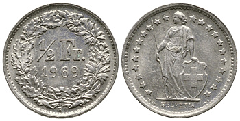 Швейцария 1/2 франка 1969 В KM 23а.1 медно-никель 4608-652