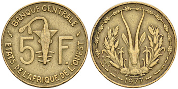 Валютное сообщество стран Западной Африки 5 франков 1977  KM 2а алюминий никель бронза    4115-361