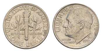 США 1 дайм (10 центов) 1992 P, президент Рузвельт KM 195a медь плакированная медно-никелем 4649-1254