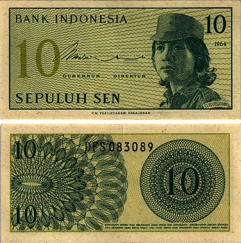Индонезия 10 сенов 1964 девушка волонтер Pick 92 a бумага 7487-23-1-2
