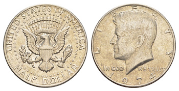 США 1/2 доллара (50 центов) 1974 Джон Кеннеди KM 202b медь плакированная медно-никелем aUNC 4536-941