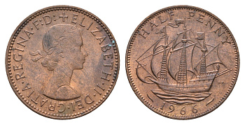 Великобритания 1/2 пенни 1966 Елизавета II (1952-2022) KM 896, Spink 4158 бронза 4675-434