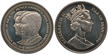 ОСТРОВ МЭН 1 КРОНА 1986 НА СВАДЬБУ ПРИНЦА ЭНДРЮ И САРЫ ФЕРГЮССОН, ПОРТРЕТЫ KM 173 медно-никель UNC 00-00