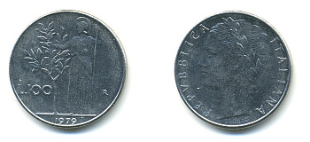 ИТАЛИЯ 100 ЛИР 1979 R, АФИНА KM 96.1 нержавеющая сталь 4364-813