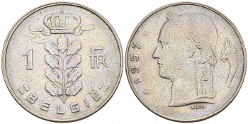 БЕЛЬГИЯ 1 ФРАНК 1957 BELGIE KM 143.1 медно-никель 68-533