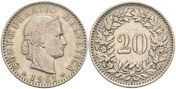 ШВЕЙЦАРИЯ 20 РАППЕНОВ 1961 В KM 29a медно-никель 55-756