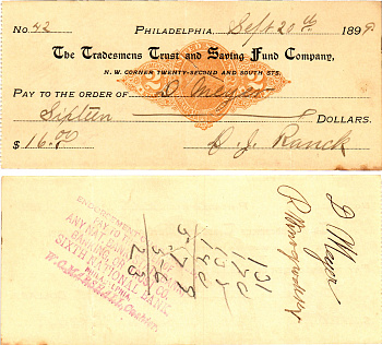 США чек на 16 долларов 1899 Филадельфия бумага 2196-48-1-2