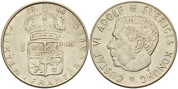 Швеция 1 крона 1966 U, Густав VI Адольф (1950-1973) KM 826 серебро 4126-832