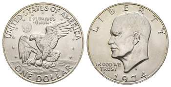 США 1 доллар 1974 S, Президент Эйзенхауэр, лунный орел KM 203a серебро BU 413-2111