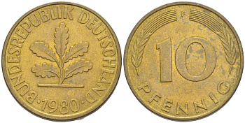 ФРГ 10 ПФЕННИГОВ 1980 F KM 108, J. 383 сталь плакированная латунью 4182-917