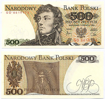 Польша 500 злотых 1982 Тадеуш Костюшко Pick 145 d бумага aUNC 8595-18-4-1