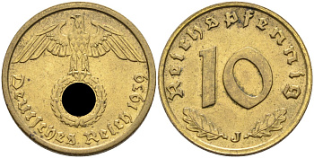 Германия 10 рейхспфеннигов 1939 J KM 92, J.364 алюминиевая бронза 4584-545