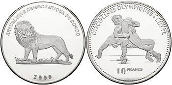 Конго 10 франков 2000 олимпийские дисциплины, борьба KM 52 серебро PROOF 00-00