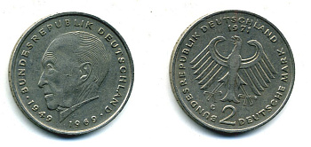 ФРГ 2 МАРКИ 1971 G, КОНРАД АДЕНАУЭР KM 124, J. 406 медно-никель плакированный никелем 29-217