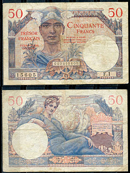 Франция 50 франков ND (1947)казначейство вооруженных сил, меркурий Pick M8 бумага 451-205-3
