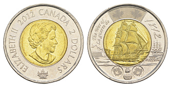 Канада 2 доллара 2012 Война 1812 года - Фрегат «Шеннон» KM 1258 биметалл UNC 4652-1221