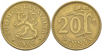 ФИНЛЯНДИЯ 20 ПЕННИ 1966 S KM 47 алюминиевая бронза 3718-1217